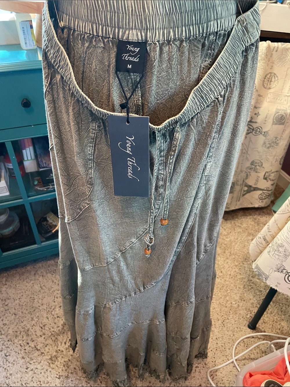 Women's Boho Olive Green Peasant Maxi Skirt Young Threads - Picture 2 of 11